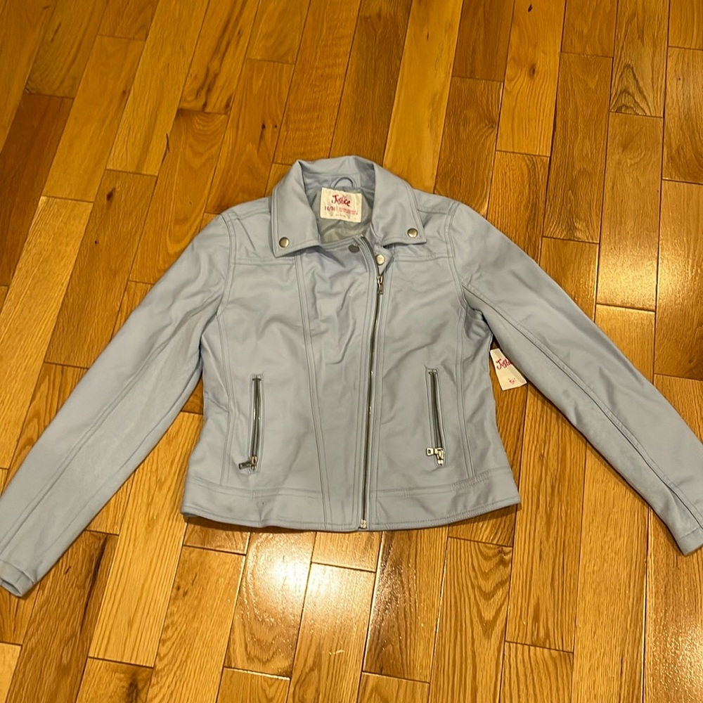 Girls 14/16 Justice light blue fitted leather jacket